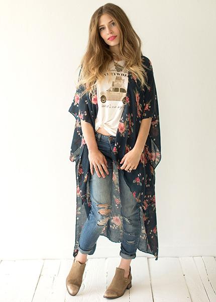 Women's Lara Duster in Indigo Floral